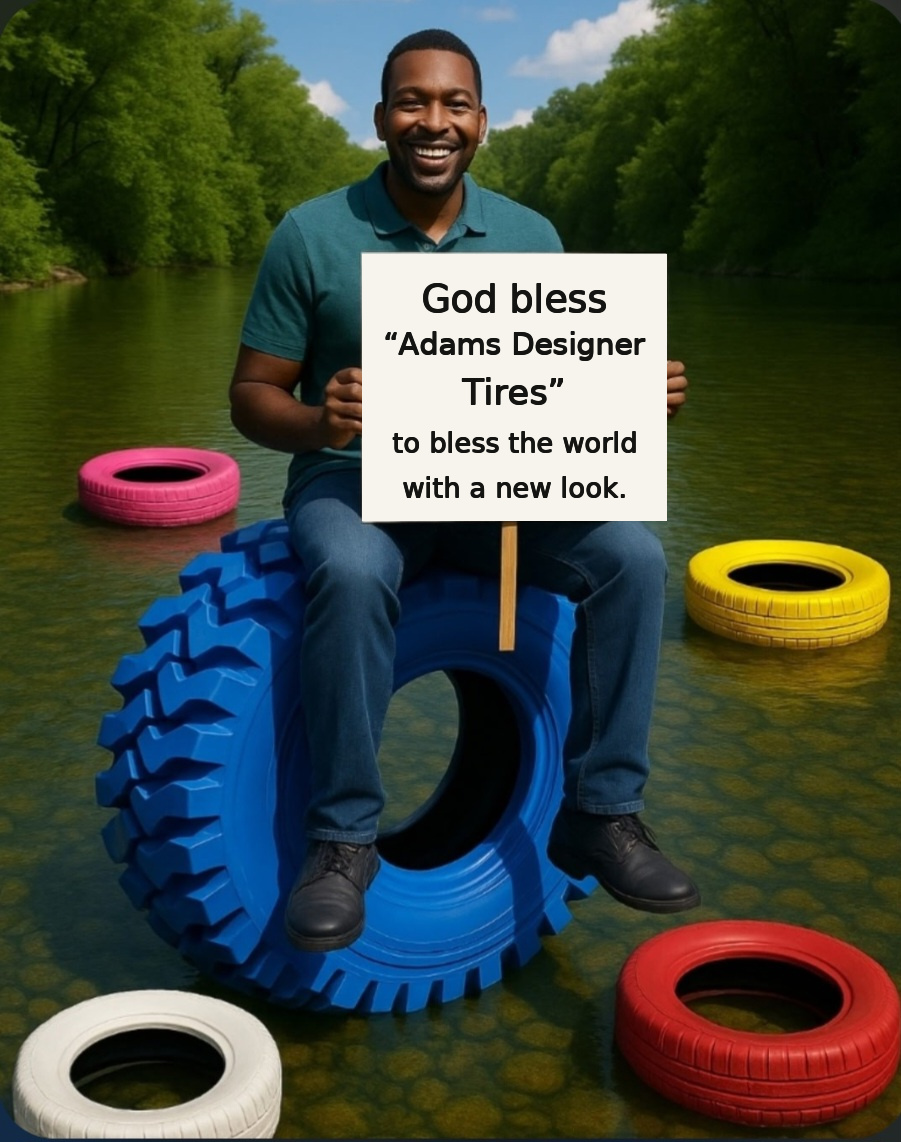 Founder visual with Adams Designer Tires blessing message and colored tire concept