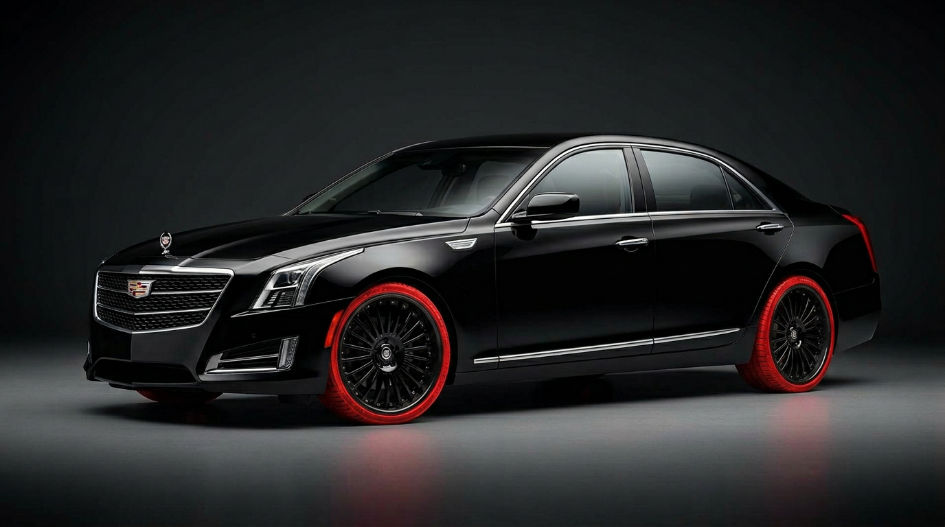 Large luxury black car with custom designer tires as the main media hub feature