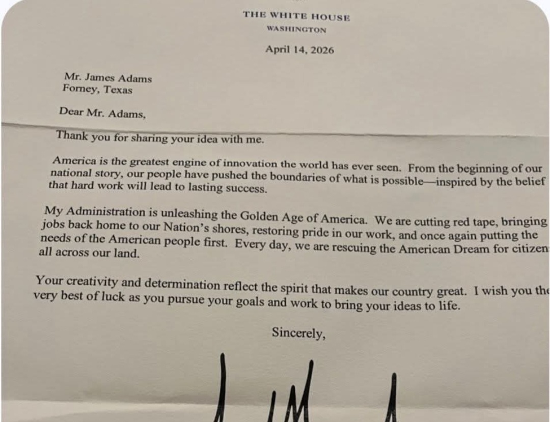 Letter from The White House addressed to James Adams, founder of Adams Designer Tires