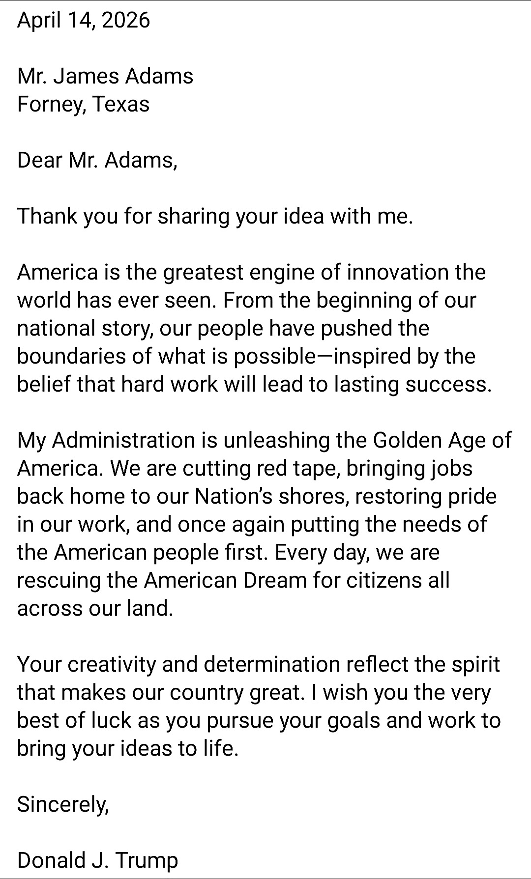 Letter from The White House recognizing James Adams of Adams Designer Tires, signed by Donald J. Trump, dated April 14, 2026